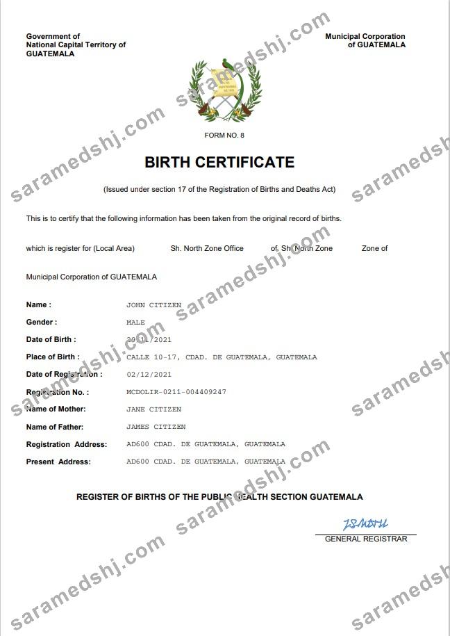 Guatemala birth certificate Word and PDF template